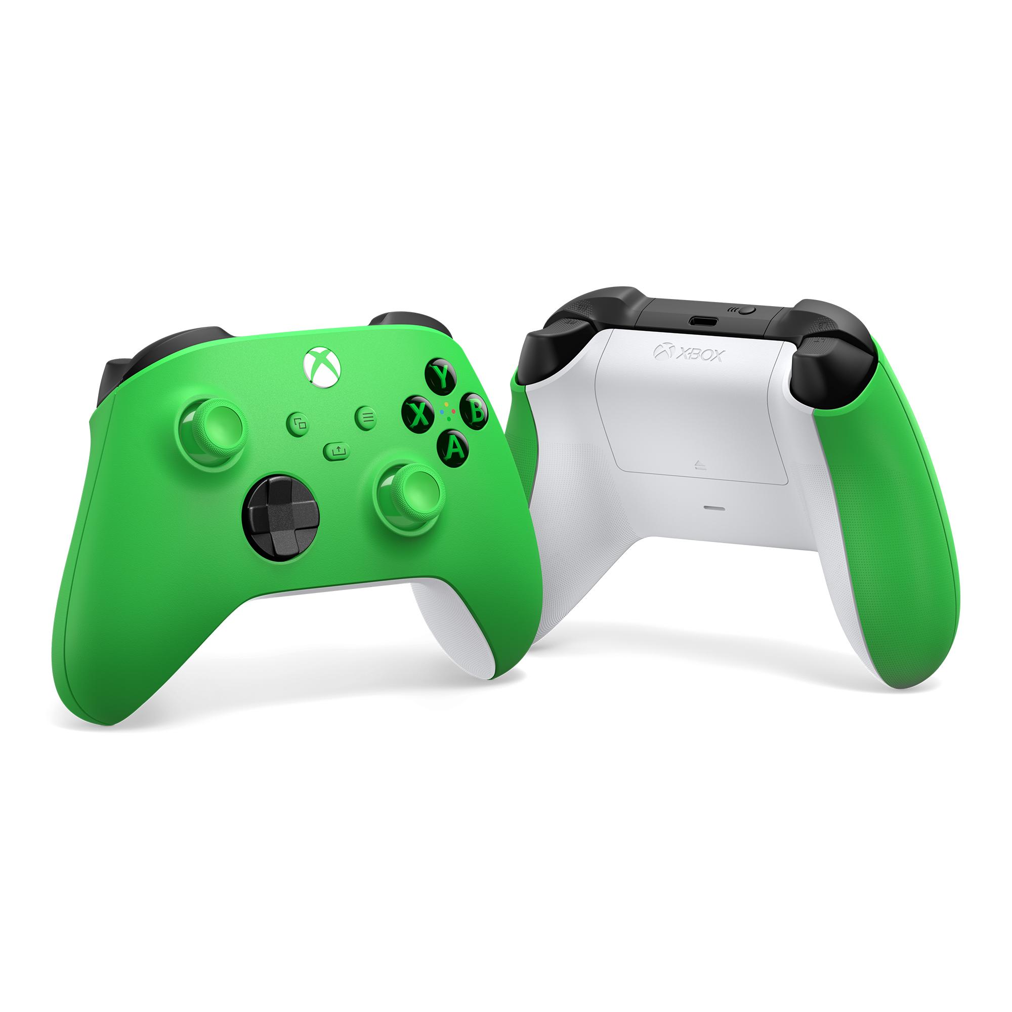 Yeşil ve beyaz Xbox kontrolcüler, biri yukarı, diğeri aşağı bakıyor.
