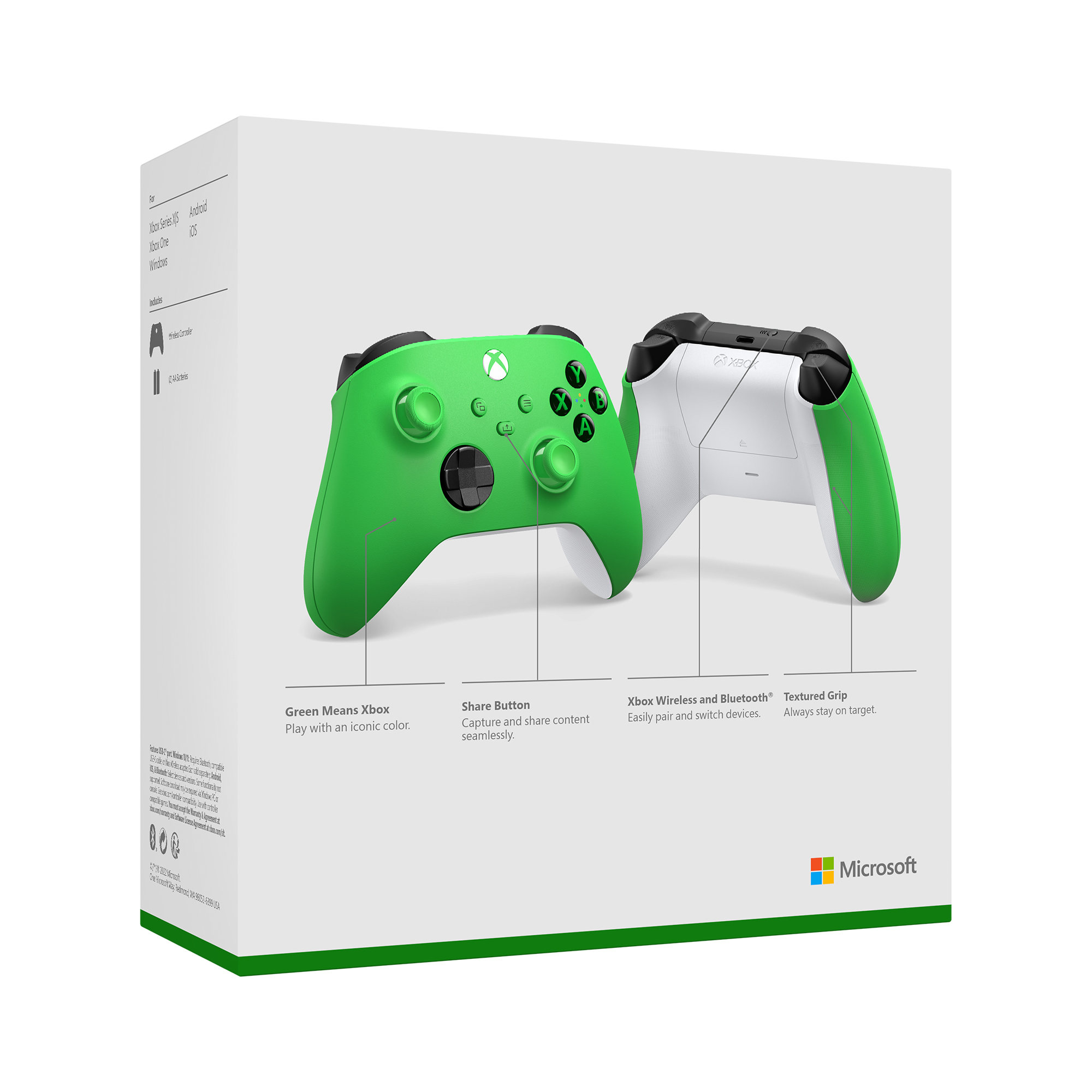 Bir kutu üzerinde yeşil, beyaz ve siyah renklerde Xbox kontrolcüsü.