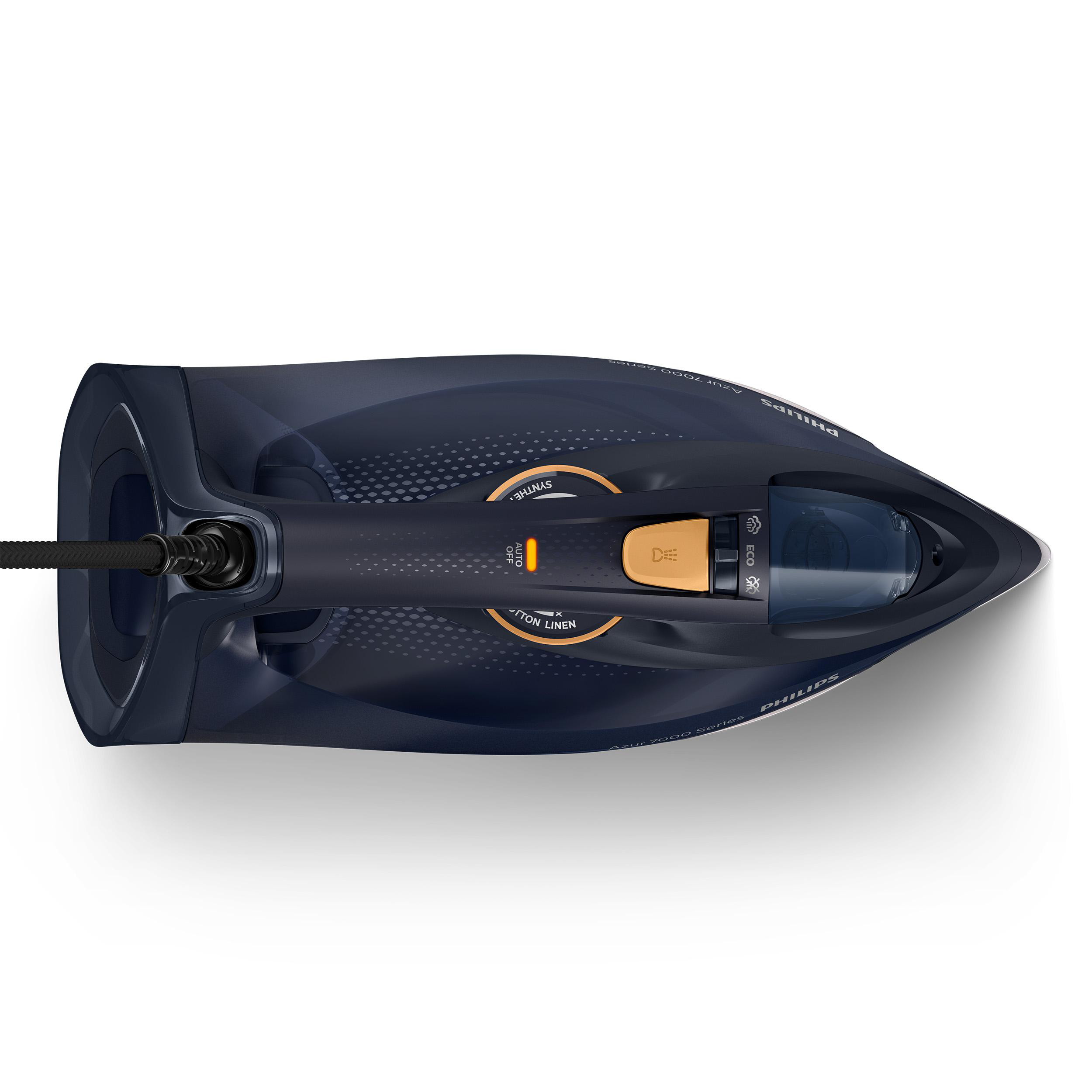Marineblaues Bügeleisen, Draufsicht, schwarzes Kabel. Das Eisen ist auf weißem Hintergrund.