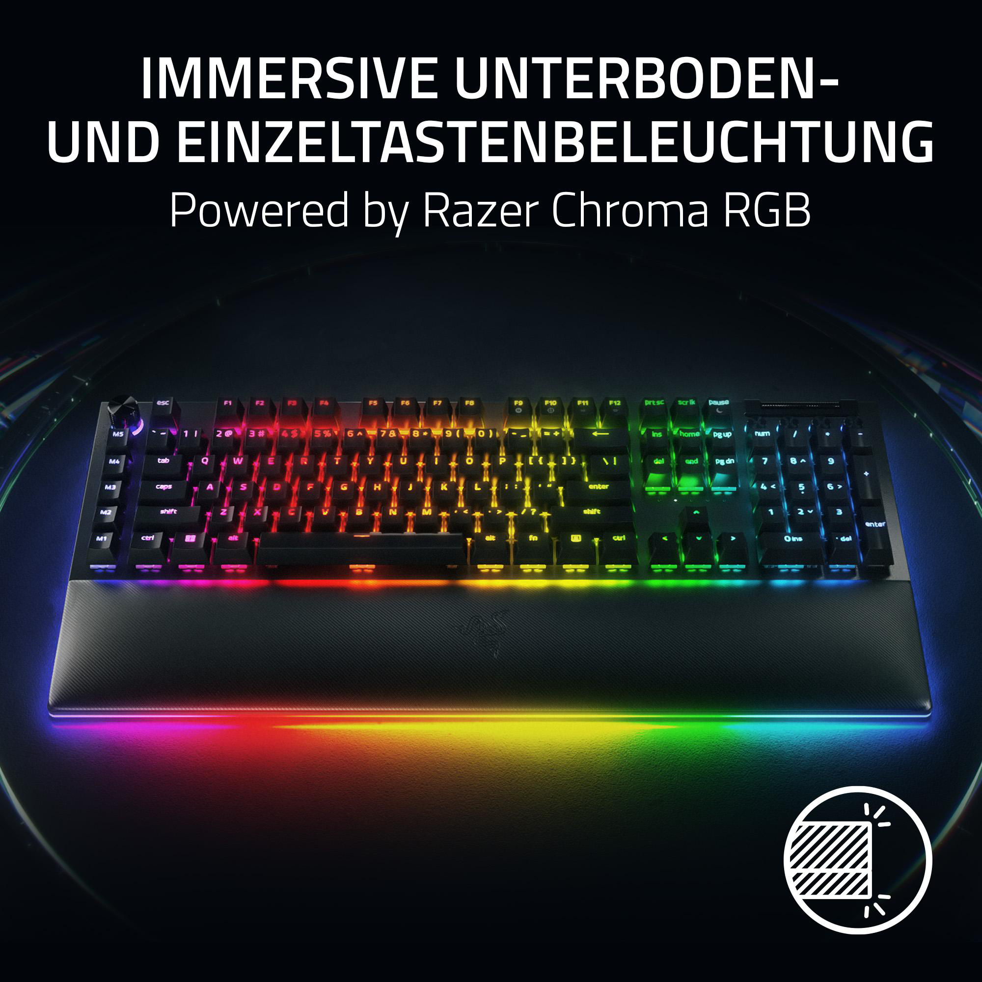 Eine schwarze Tastatur mit bunten Lichtern. Der Text lautet: IMMERSIVE UNTERBODEN- UND EINZELTASTENBELEUCHTUNG, Powered by Razer Chroma RGB.