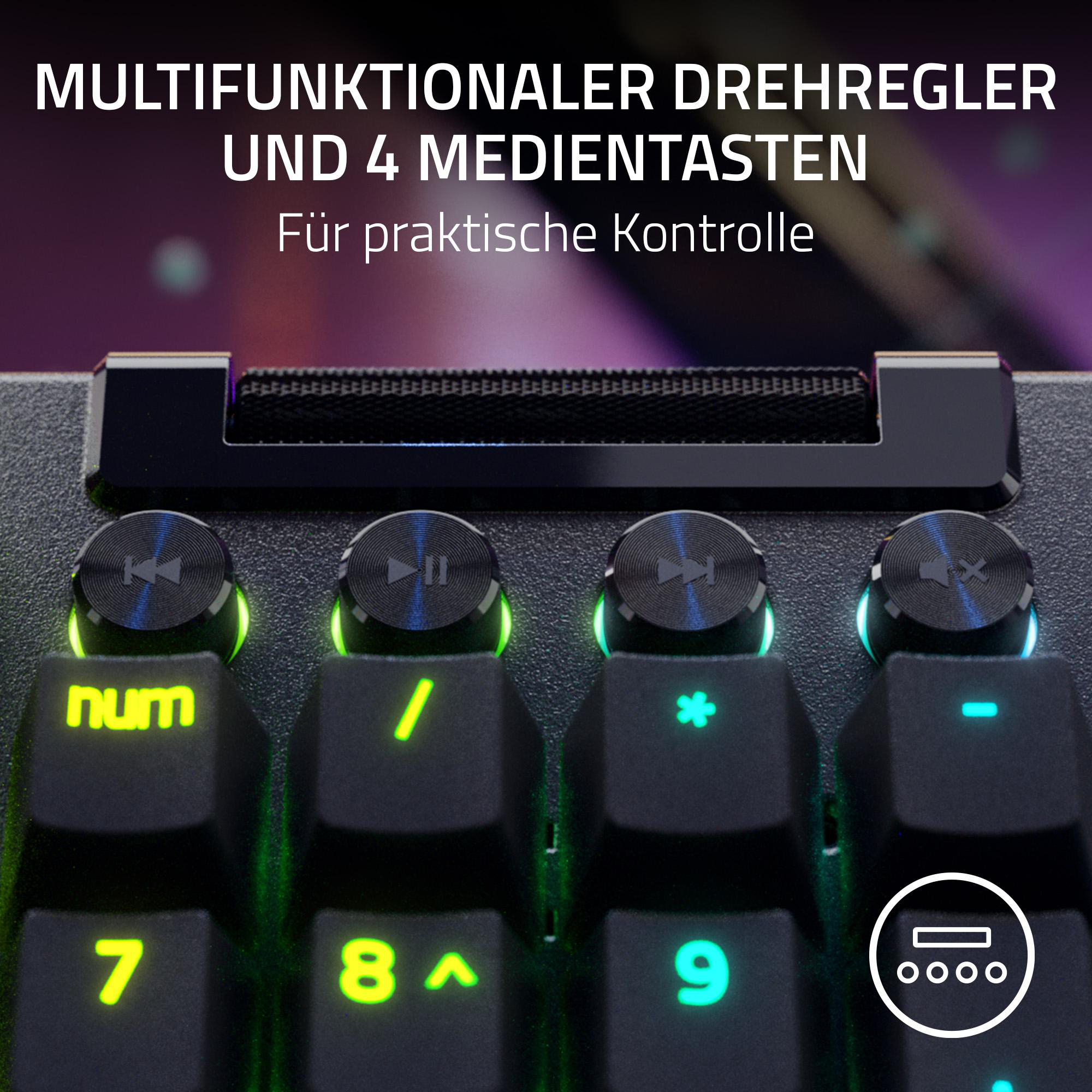 Nahaufnahme einer Razer-Tastatur mit Medientasten. Tasten sind beleuchtet.