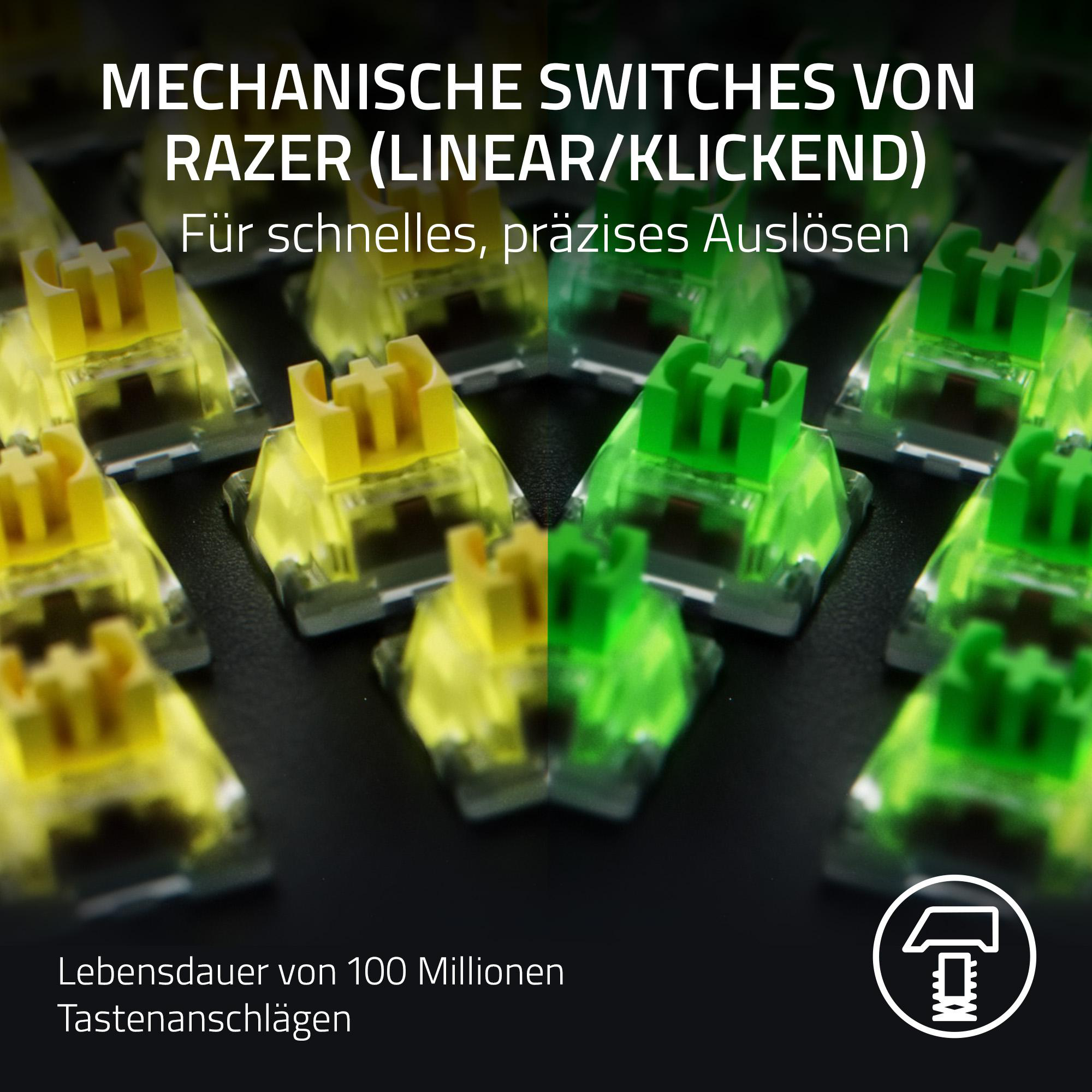Nahaufnahme von Razer-Tastenschaltern, zeigt gelbe und grüne Farben und Text.