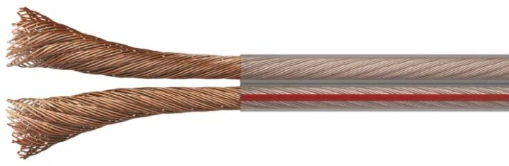 Dwa kable głośnikowe skręcone razem. Jeden ma czerwony pasek, drugi jest gładki.