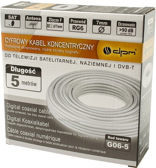 Biało-szare pudełko z napisami, w środku kabel.