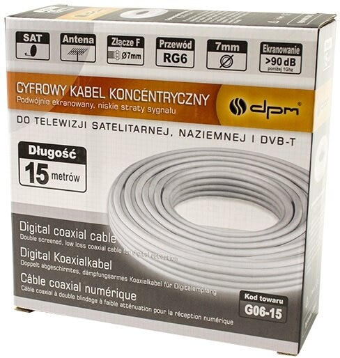 Pudełko kabla koncentrycznego cyfrowego, z wielojęzycznym tekstem i zwiniętym kablem.