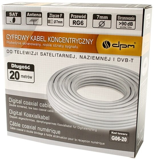 Pudełko kabla koncentrycznego. Tekst w wielu językach. Biały kabel w środku.