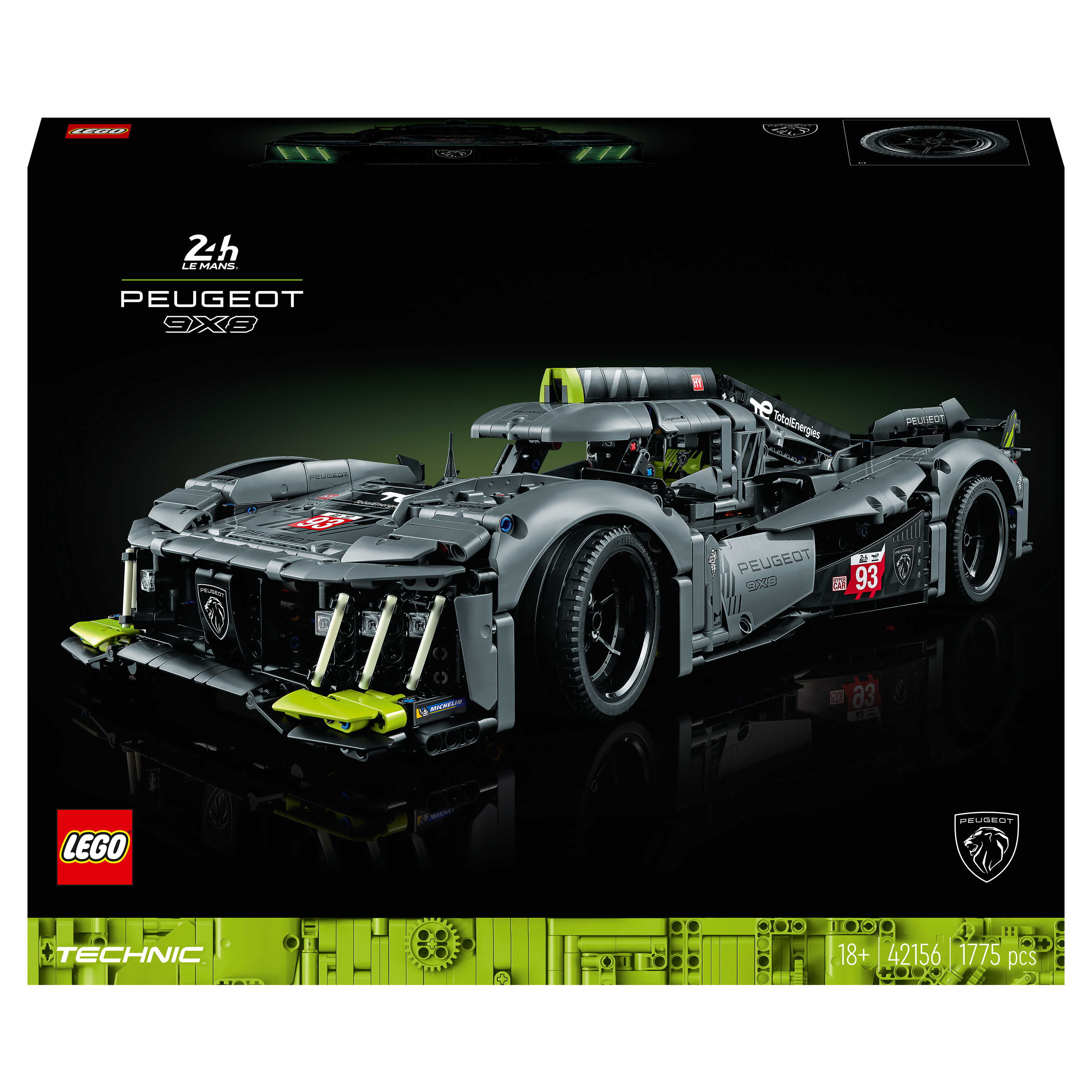 Ein Lego Technic Peugeot 9X8 Set-Karton auf dunklem Hintergrund, zeigt das Rennwagenmodell.