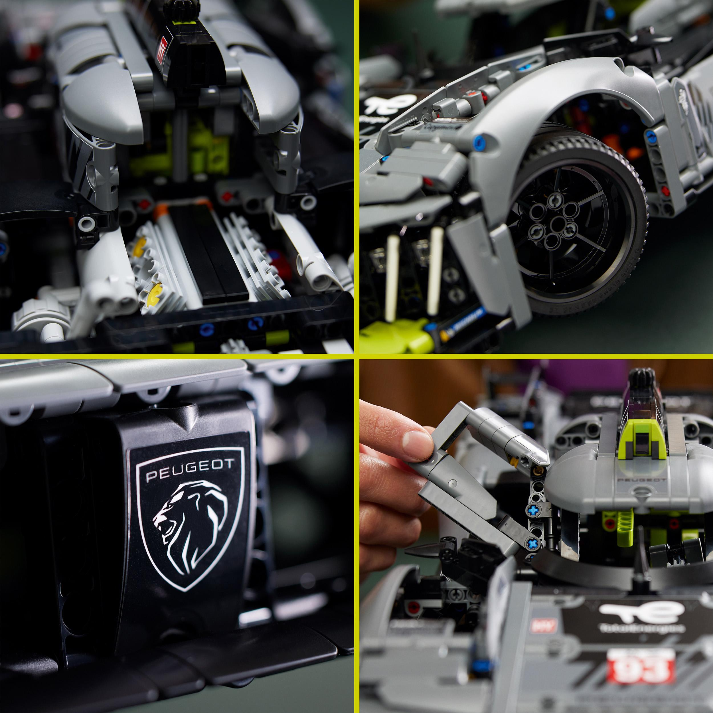Vier Nahaufnahmen eines Lego Technic Autos, die Motor, Rad, Peugeot Logo und Zusammenbau zeigen.