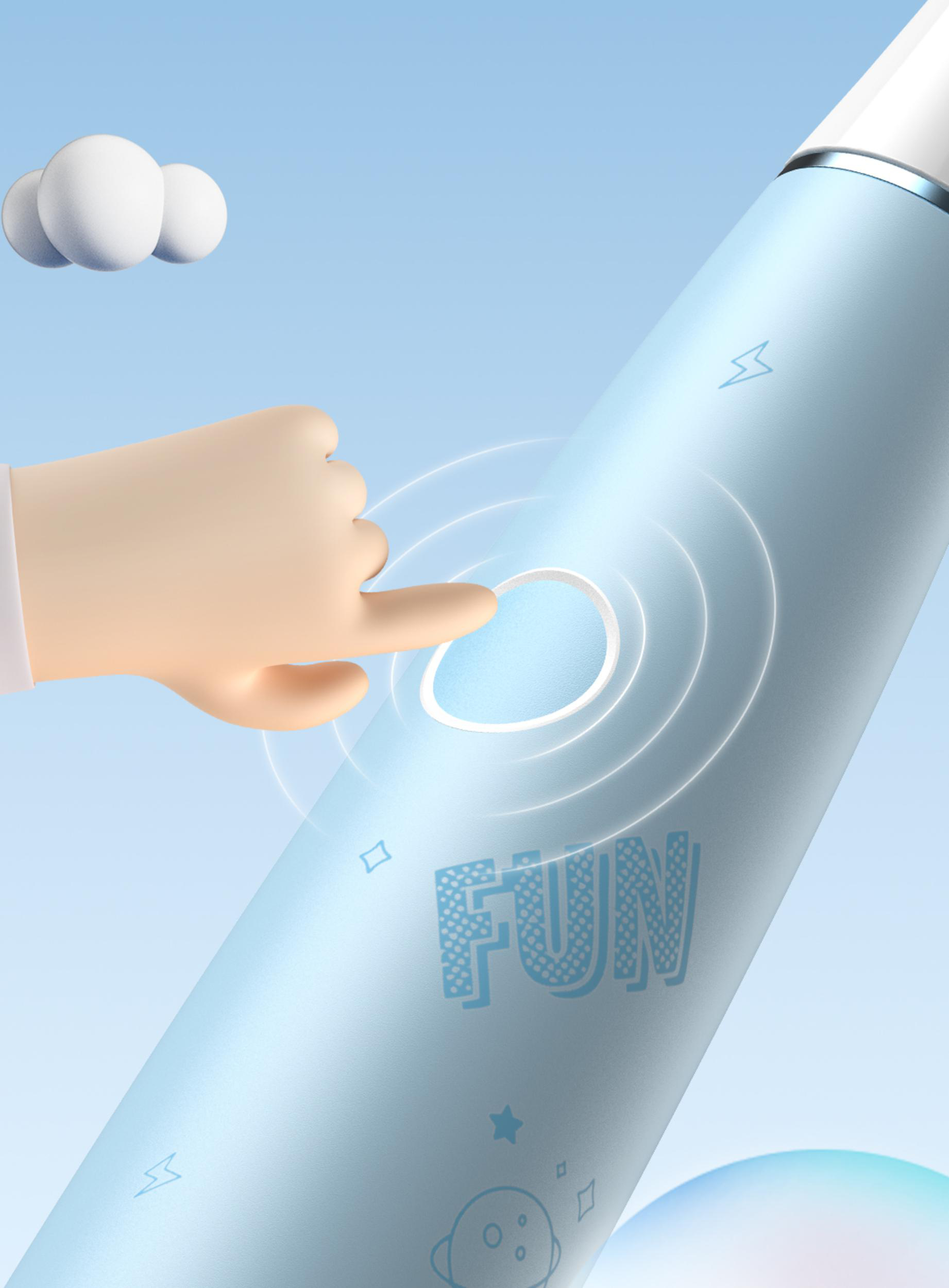 Eine Hand berührt einen Knopf auf einem blauen Gerät mit dem Wort 'FUN'.
