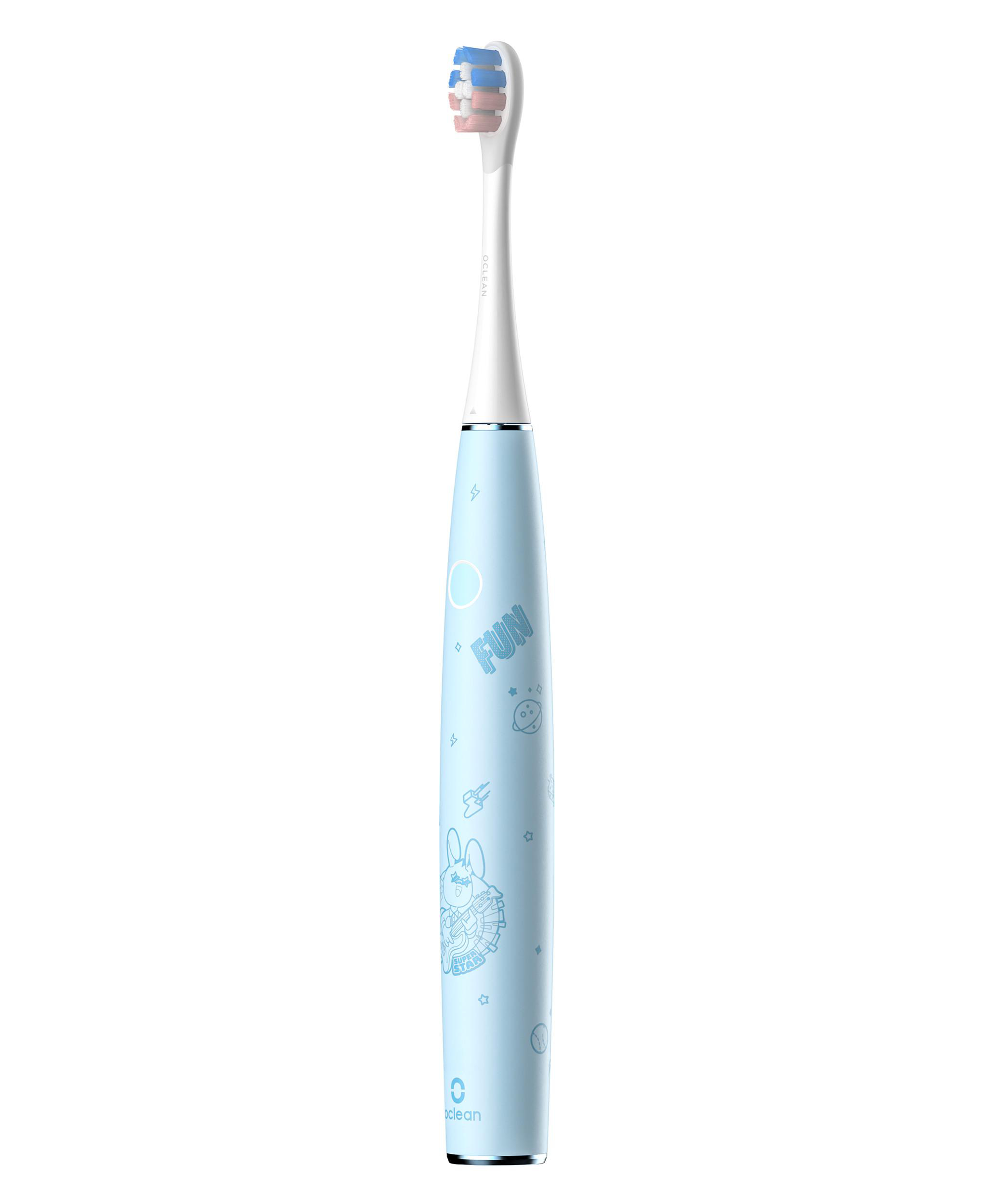 Blaue elektrische Zahnbürste mit Cartoon-Hasen-Design.