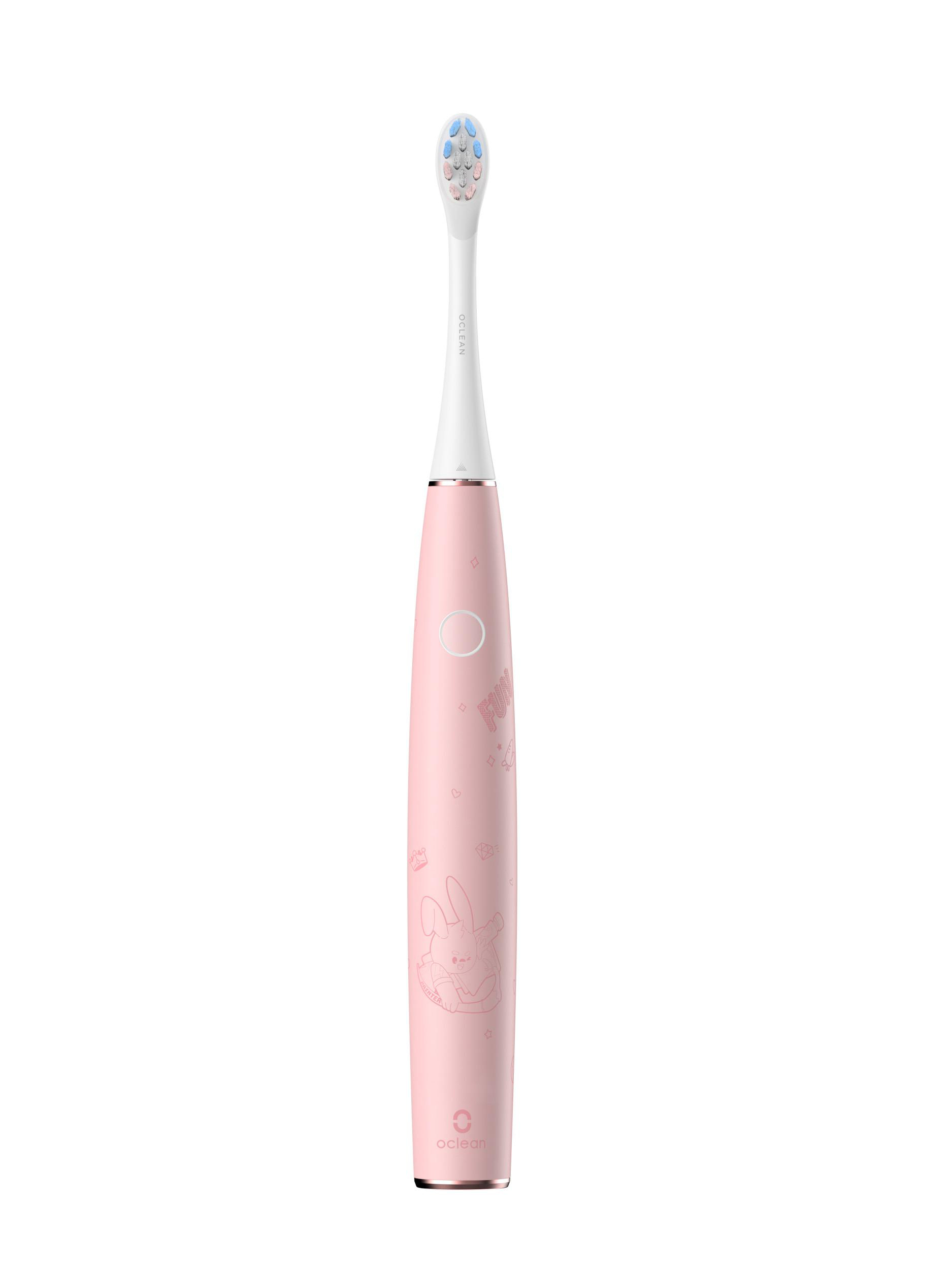 Pinke elektrische Zahnbürste. Sie hat ein Hasen-Design und einen weißen Bürstenkopf.