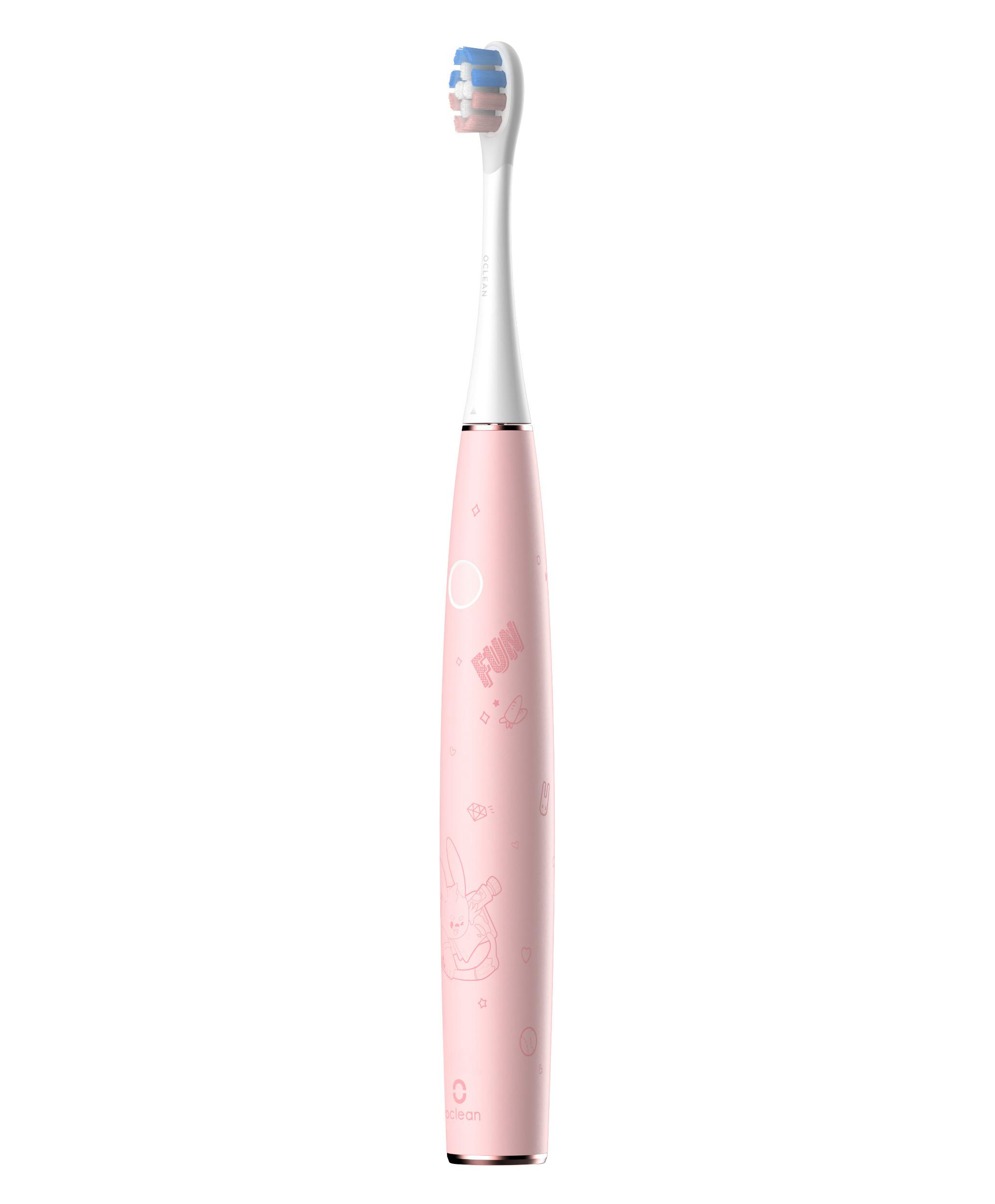 Pinke elektrische Zahnbürste. Der Bürstenkopf hat blaue, weiße und rosa Borsten. Das Wort 'FUN' steht darauf.
