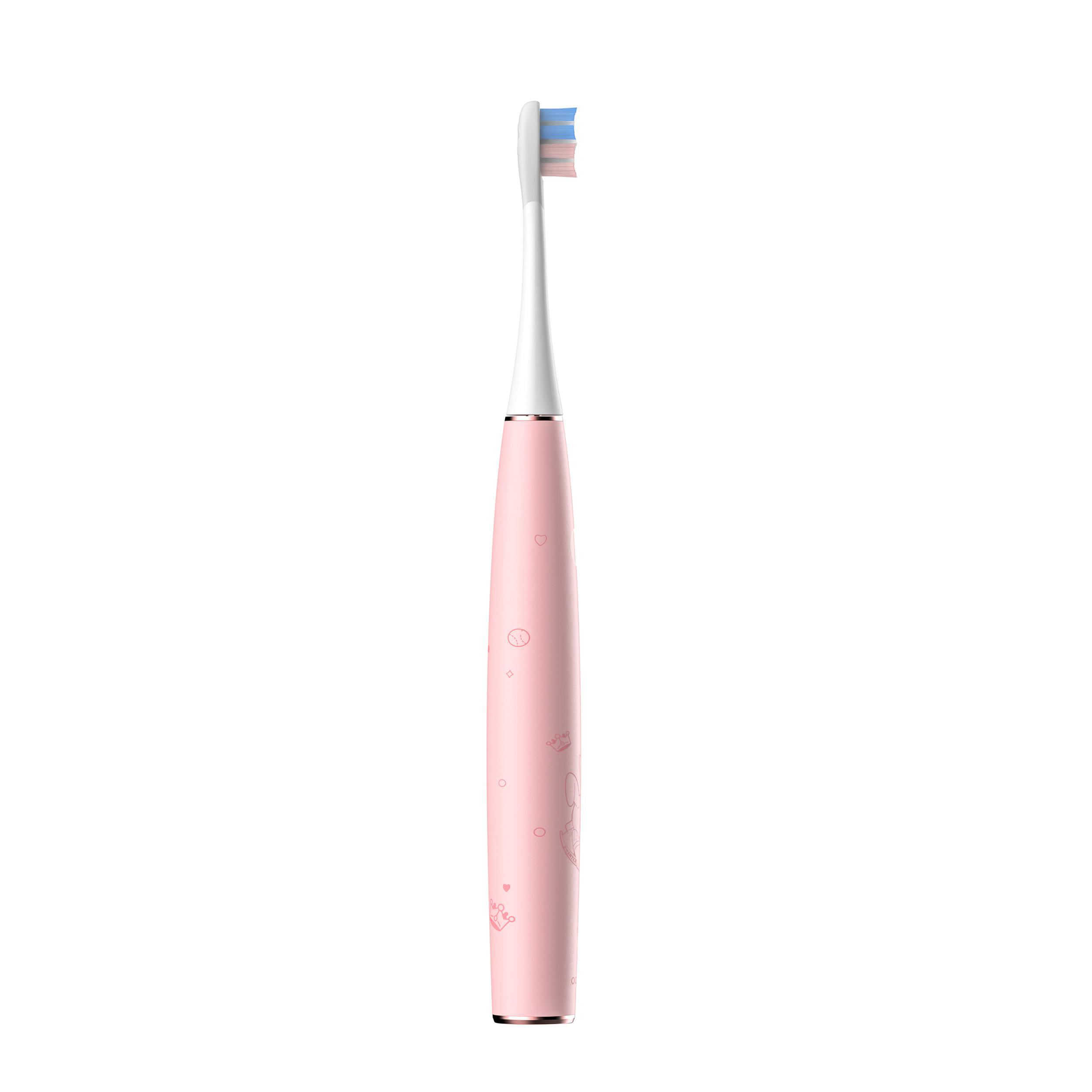 Weiße elektrische Zahnbürste, aufrecht, mit blauen und rosa Borsten.