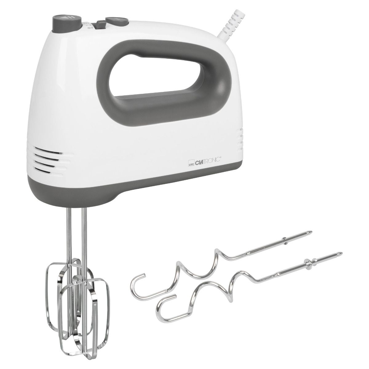 Egy fehér és szürke kézi mixer habverőkkel és dagasztóhorgokkal.
