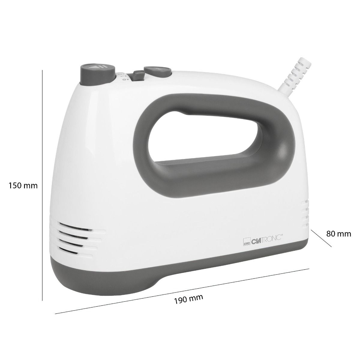 Fehér kézi mixer szürke díszítéssel, 190 mm x 150 mm x 80 mm méretekkel.