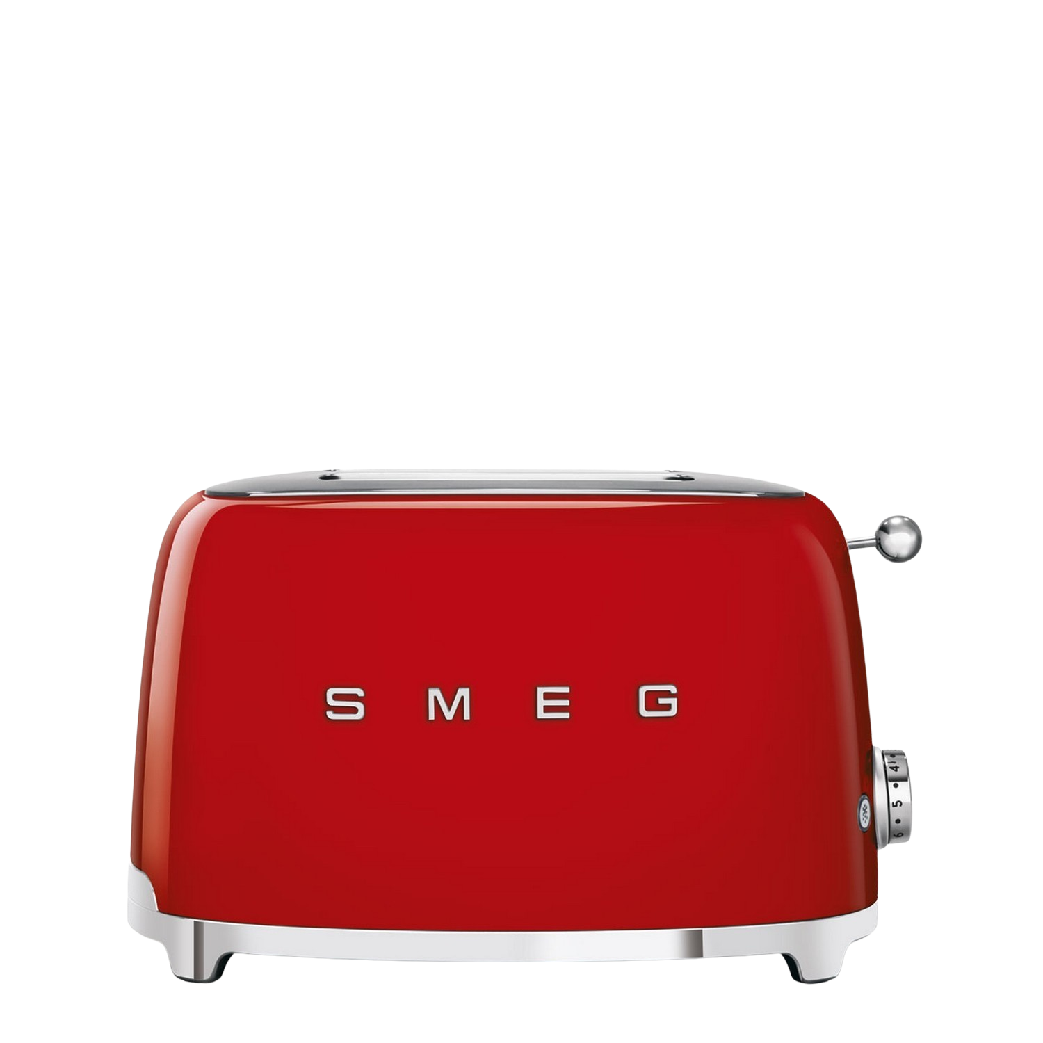 Grille-pain Smeg rouge. Le mot SMEG est sur le devant. Le grille-pain a un levier chromé.