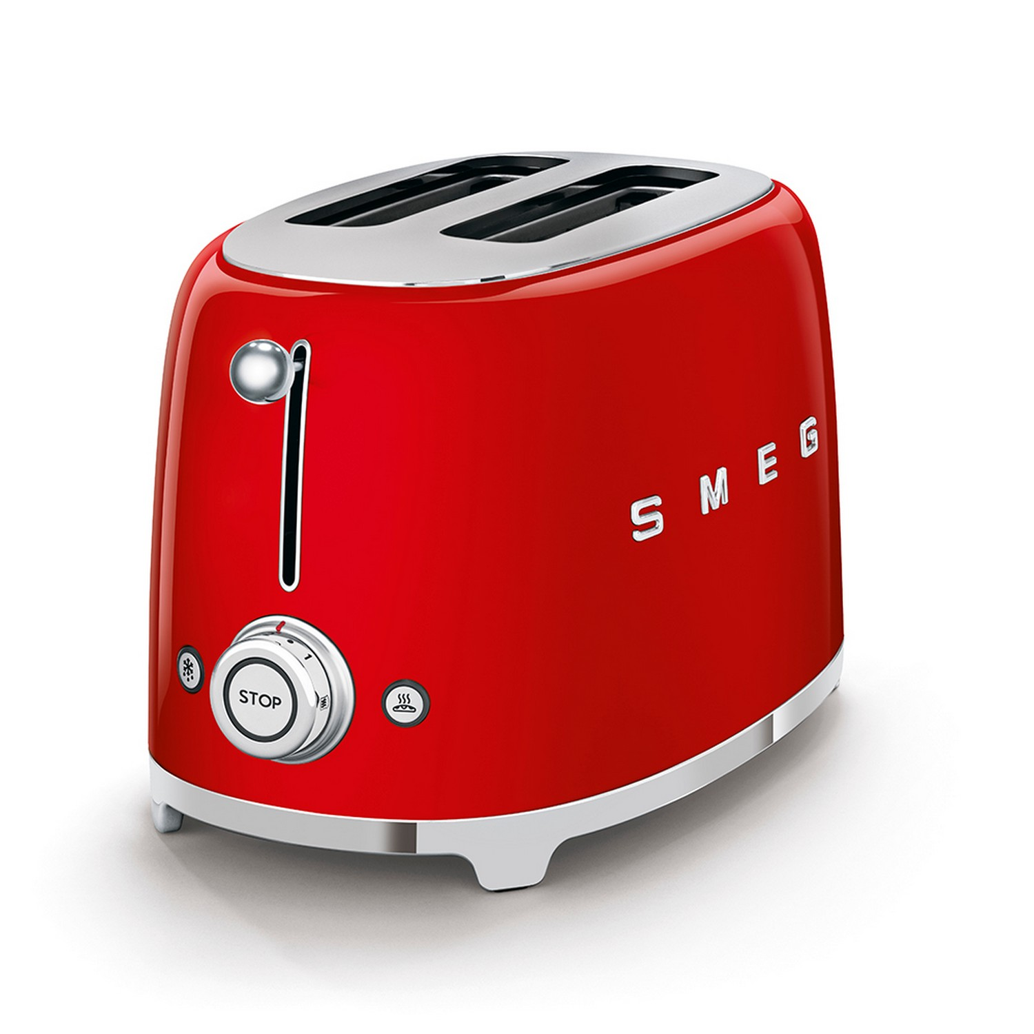 Un grille-pain Smeg rouge sur une surface blanche, avec un levier et un bouton visibles.