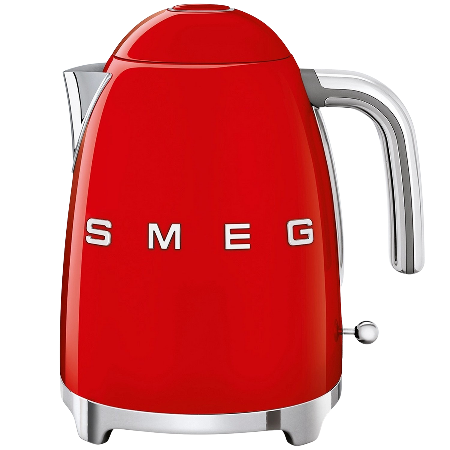 Bouilloire Smeg rouge sur une surface blanche. Elle a une poignée et une base chromées.