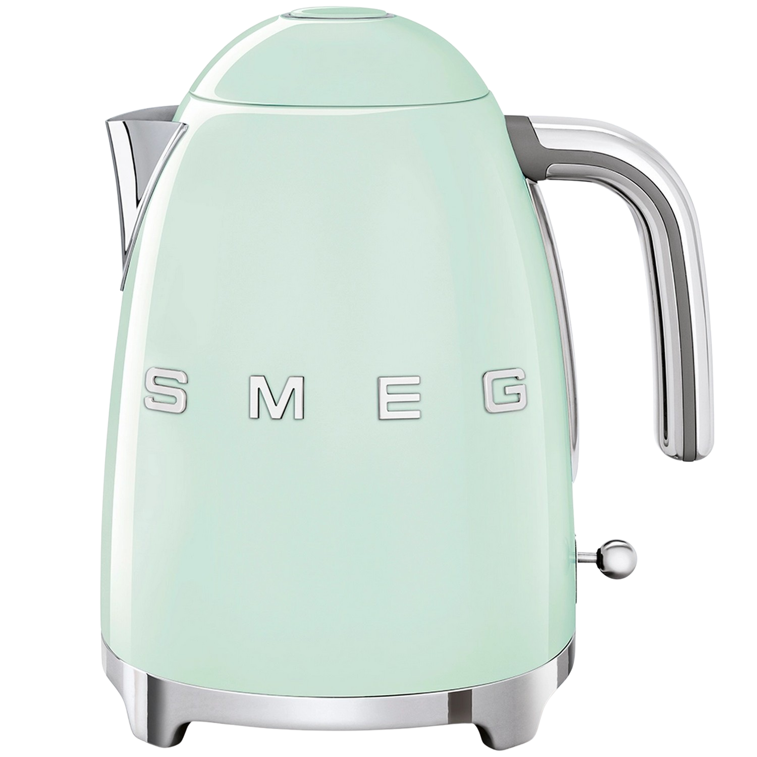 Bouilloire Smeg vert menthe, avec une poignée et une base chromées. Le mot SMEG y est écrit.