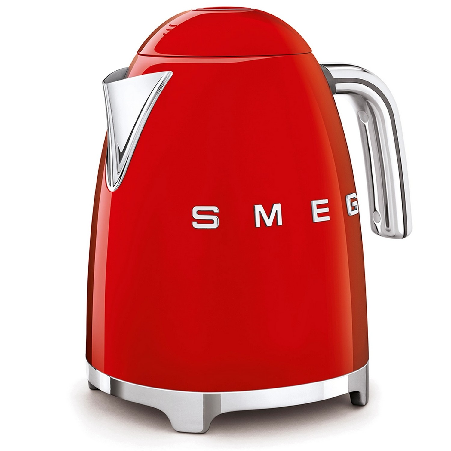 Une bouilloire SMEG rouge, avec une base et une poignée argentées.