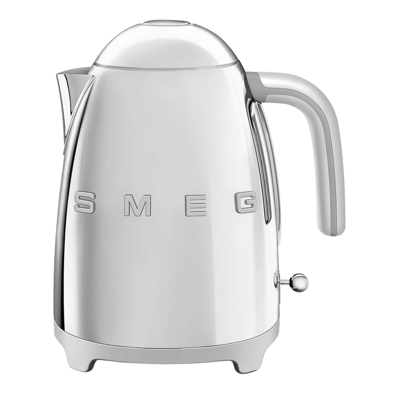 Zilveren Smeg waterkoker op een wit oppervlak, zwarte achtergrond.