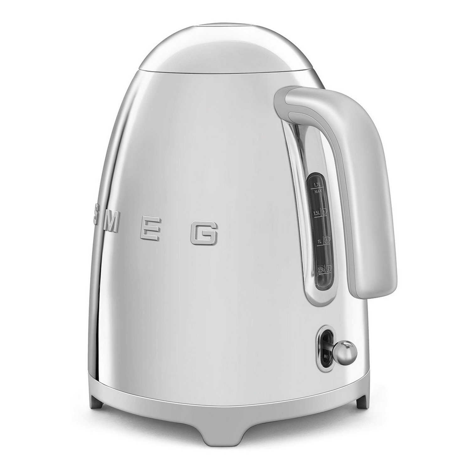 Een glanzende zilveren Smeg waterkoker met een handvat en een waterniveau-indicator.