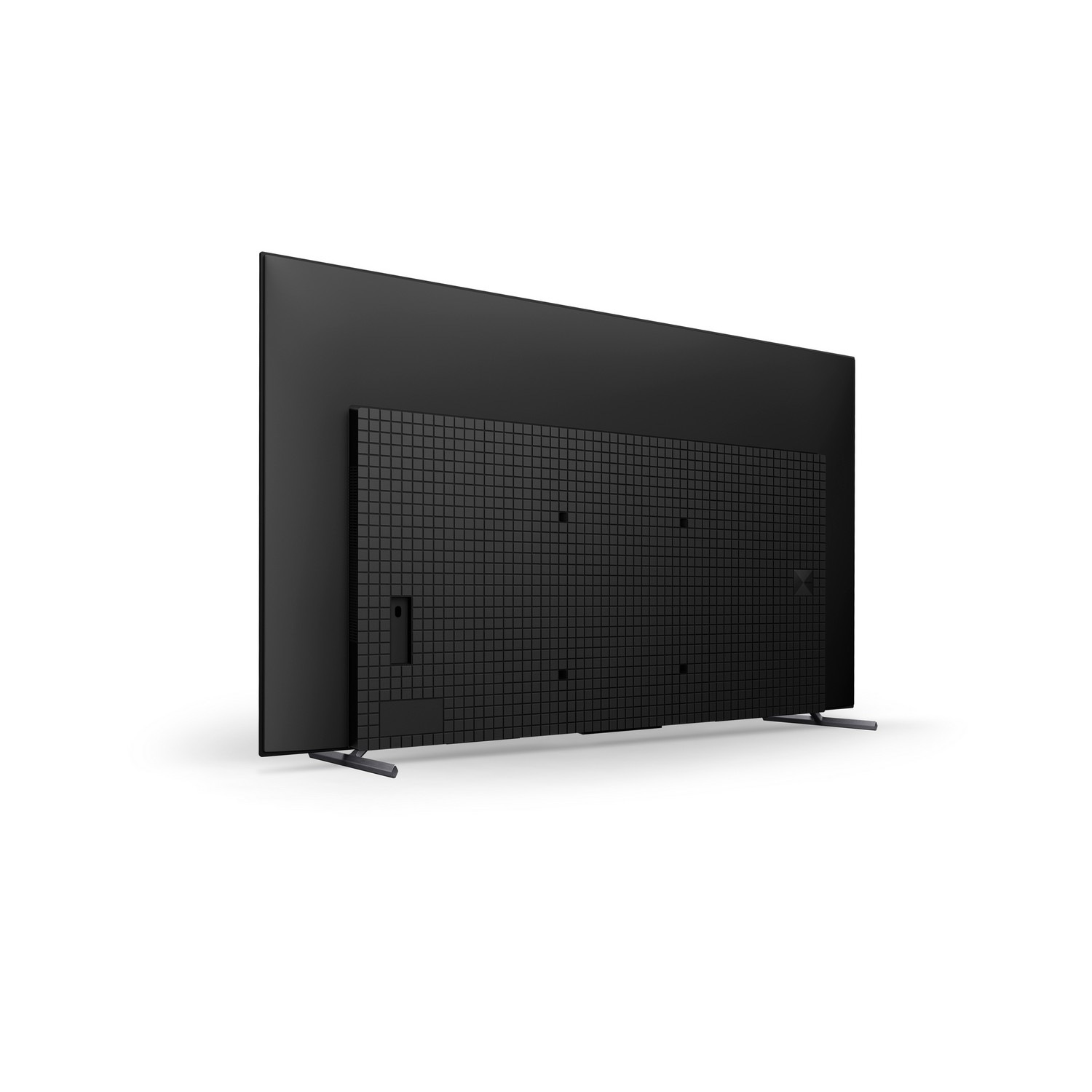 Vue arrière d'une grande télévision noire sur fond blanc. Elle a un dos noir en forme de grille.