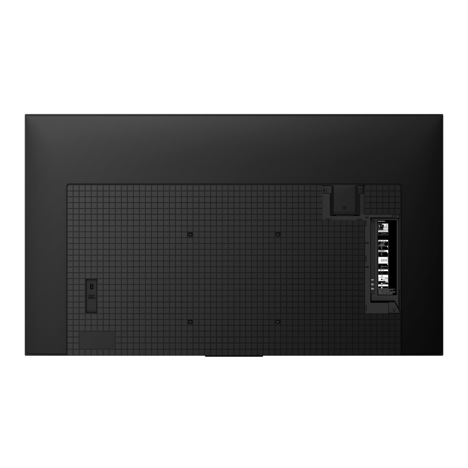 Dos de téléviseur noir avec motif quadrillé, ports et connecteurs. Fond blanc.