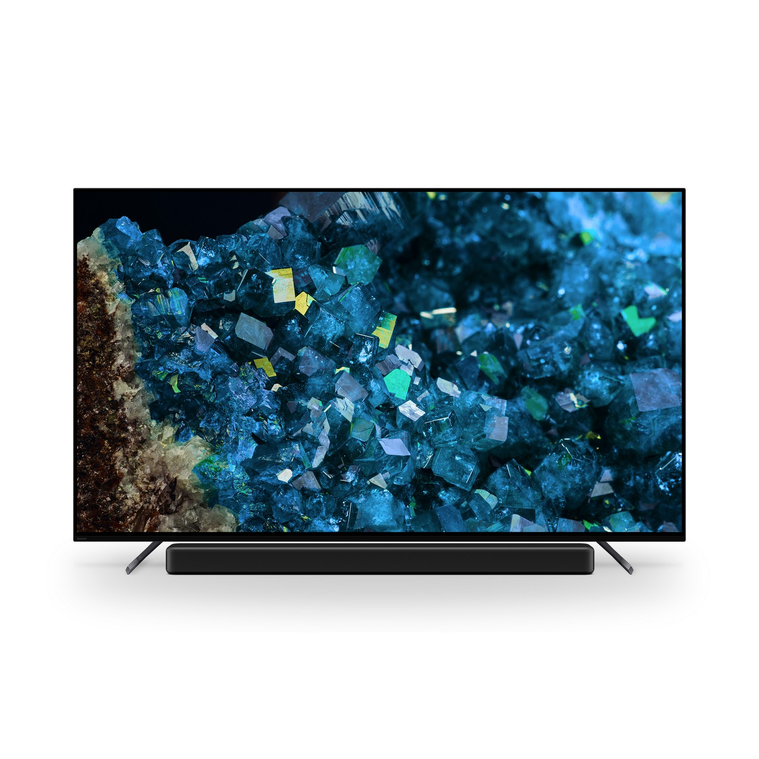 Écran de télévision moderne affichant une formation cristalline colorée, avec une barre de son en dessous.