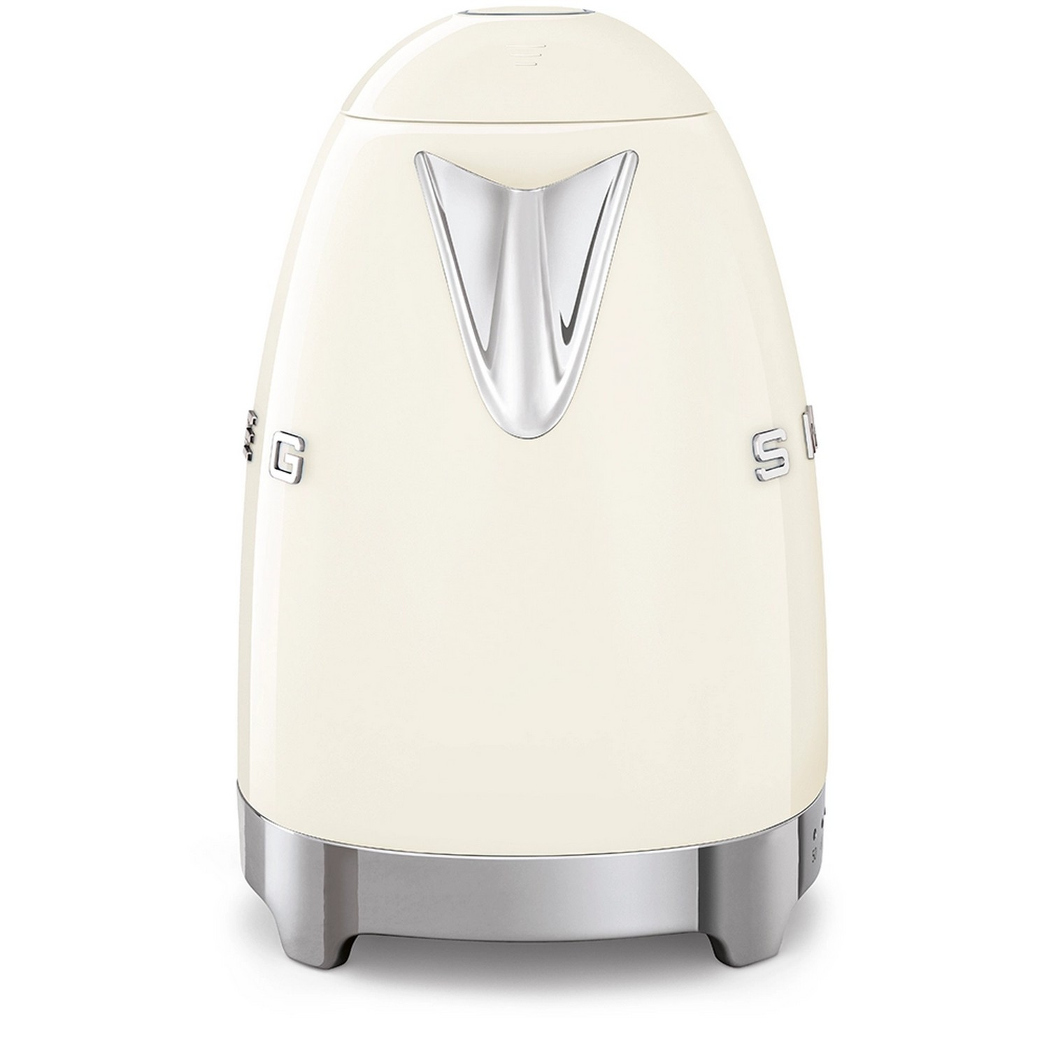 Cream-colored Smeg electric kettle. Chrome accents. White background.