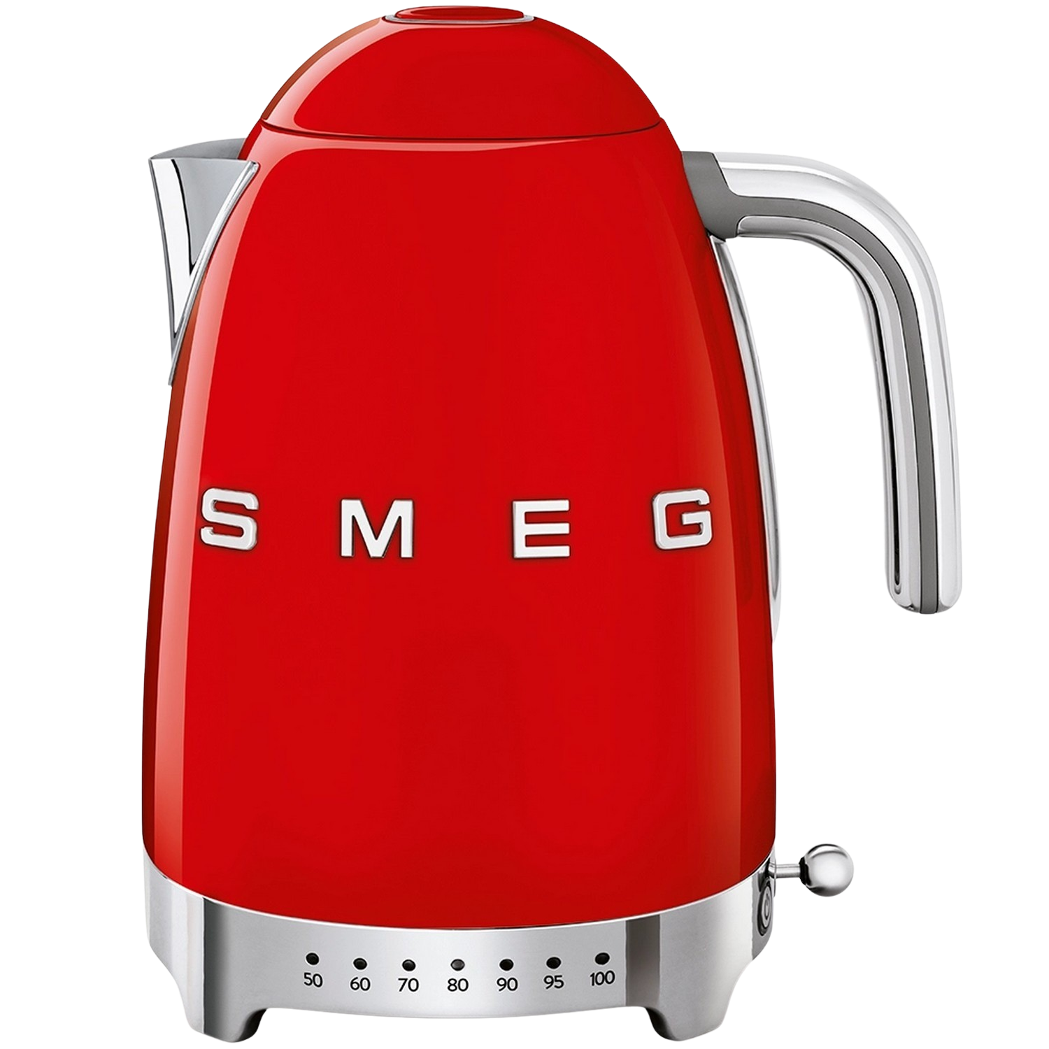 Bouilloire SMEG rouge. Finition brillante avec des accents argentés. Échelle de température sur la base.