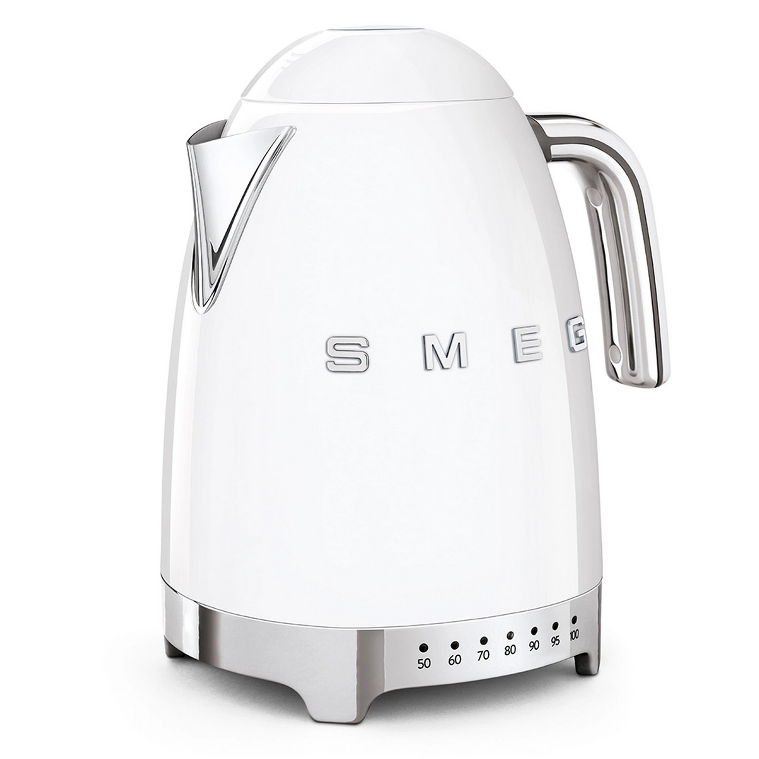 Witte Smeg waterkoker met chromen accenten en een temperatuurknop op een witte achtergrond.