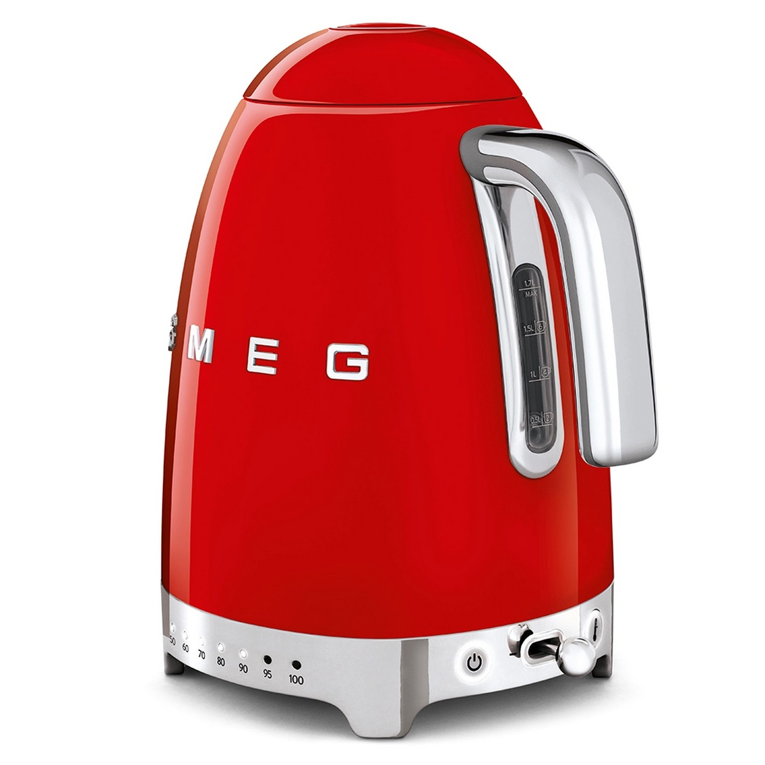 Une bouilloire Smeg rouge, des accents argentés et un indicateur de niveau d'eau.