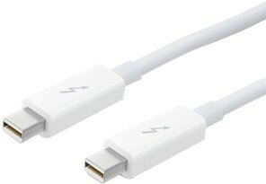 Biały kabel Thunderbolt z dwoma złączami i logo Thunderbolt.