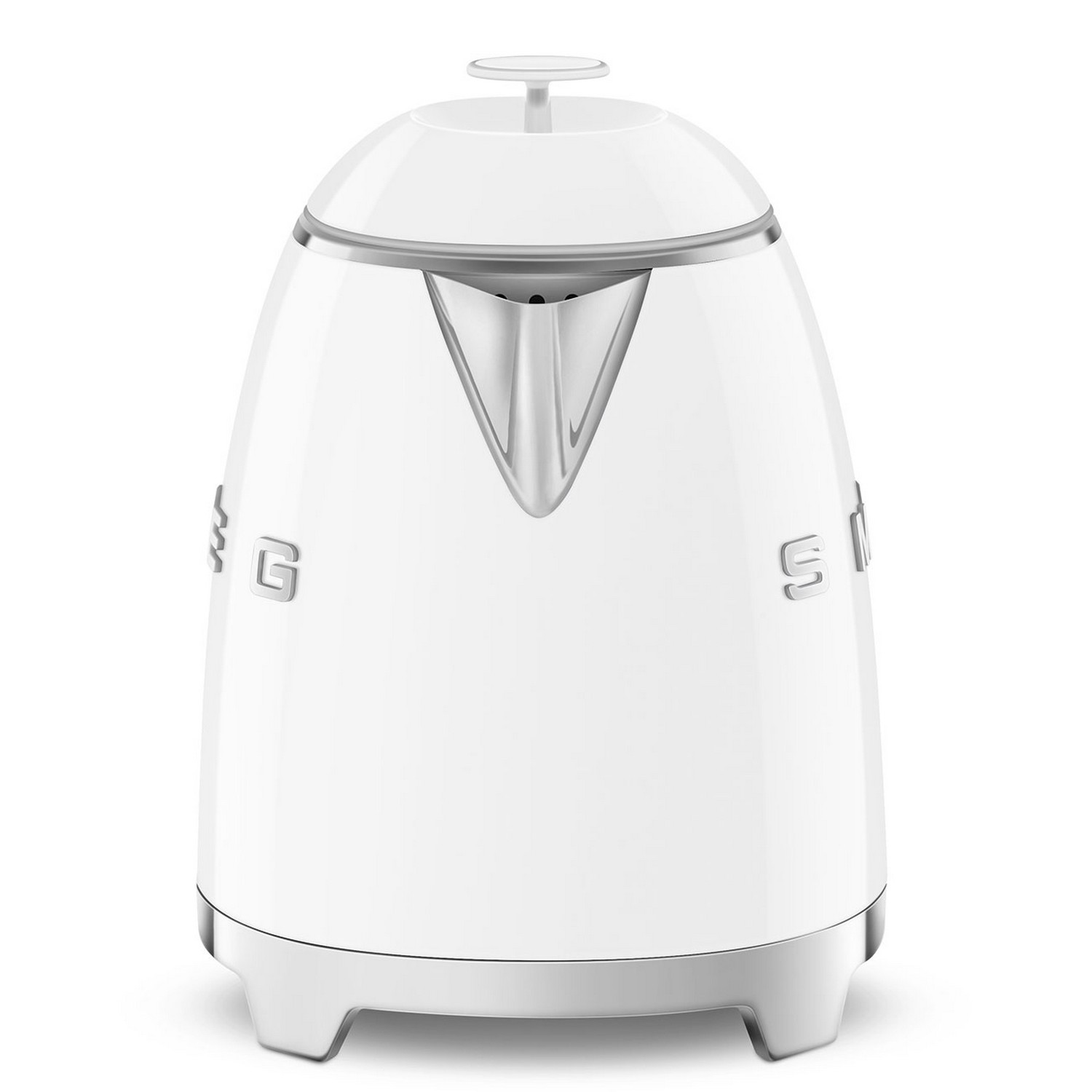 Une bouilloire Smeg blanche avec un bec argenté, sur une surface blanche. Design rétro.