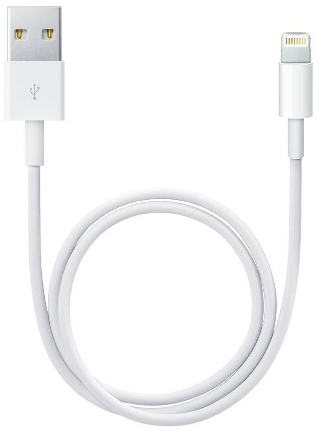 Biały kabel USB do Lightning, zwinięty na białej powierzchni.