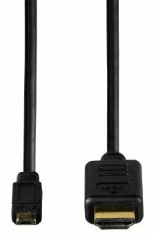 Czarny kabel HDMI z dwoma różnymi złączami. Jedno to standardowe HDMI, drugie mikro.