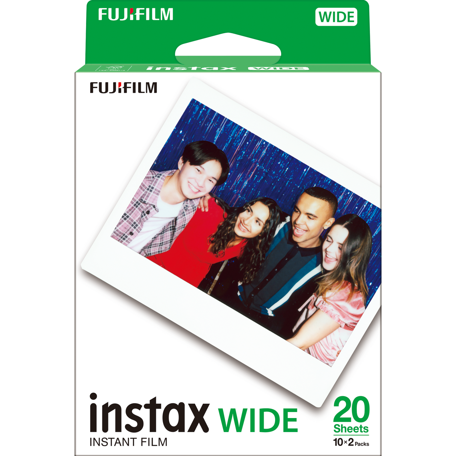 Doosje Fujifilm Instax Wide instantfilm met foto van vier mensen.