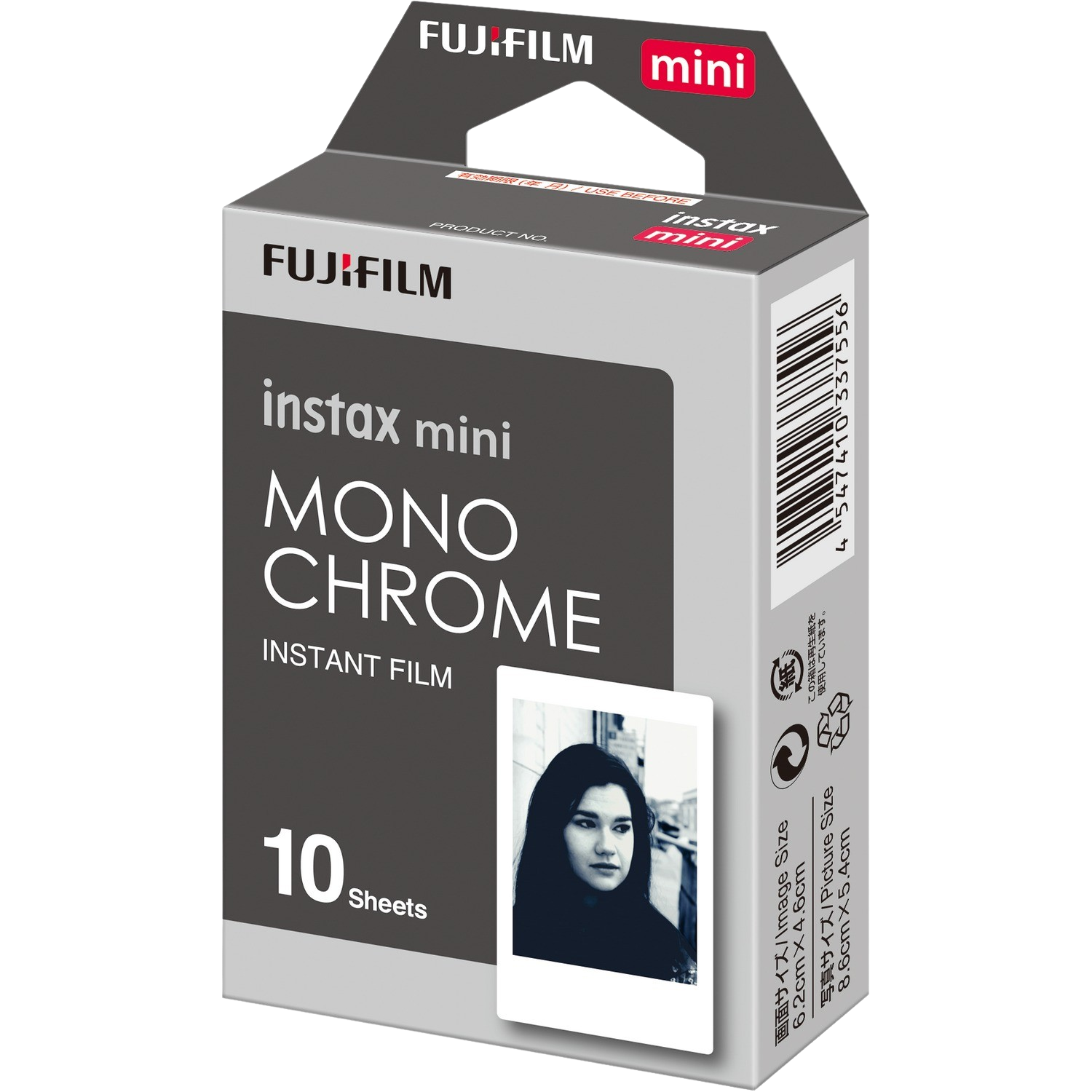 Een doos Fujifilm Instax Mini Monochrome film, met een foto en productdetails.