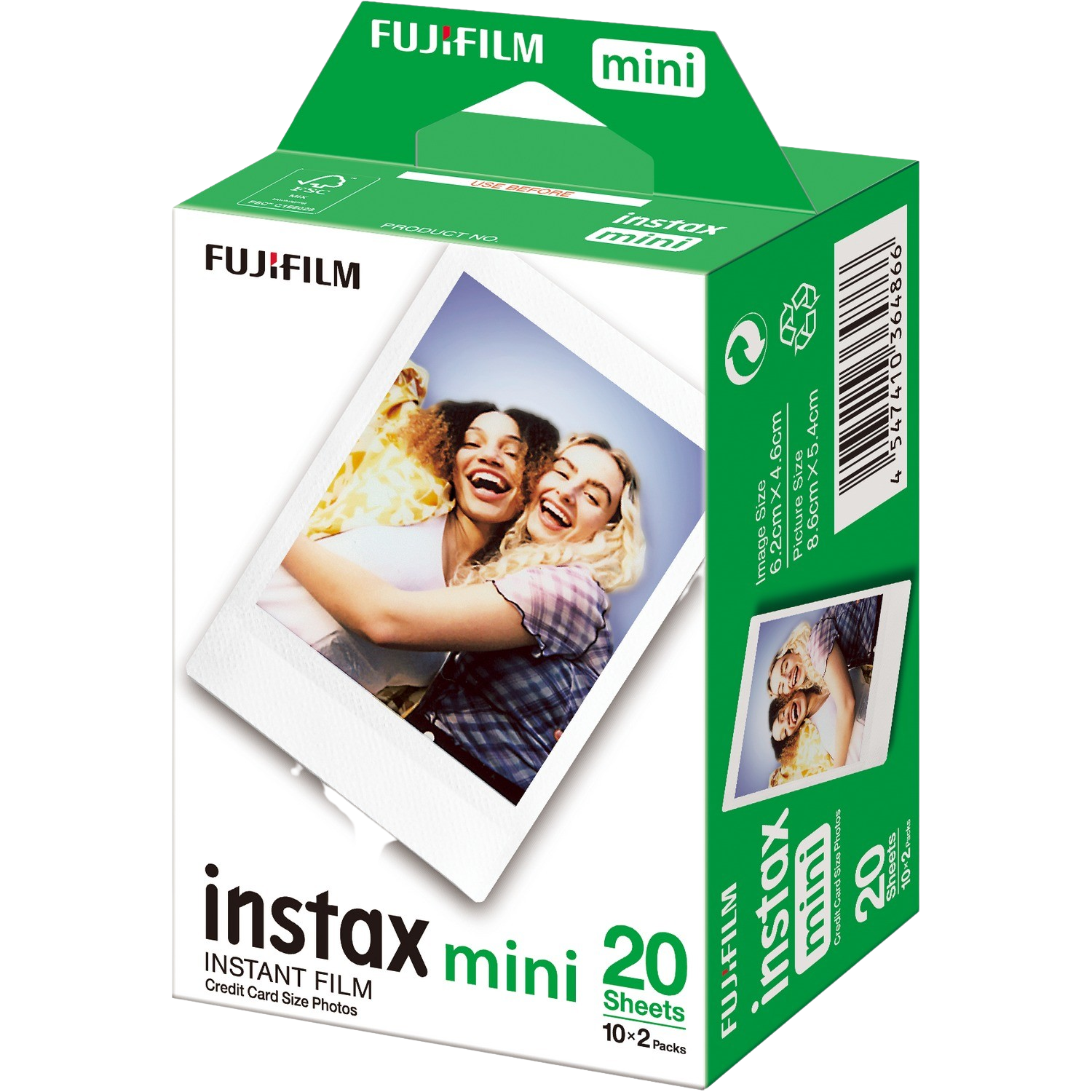 Instax Mini filmdoos. Groene en witte verpakking met foto's en tekst.
