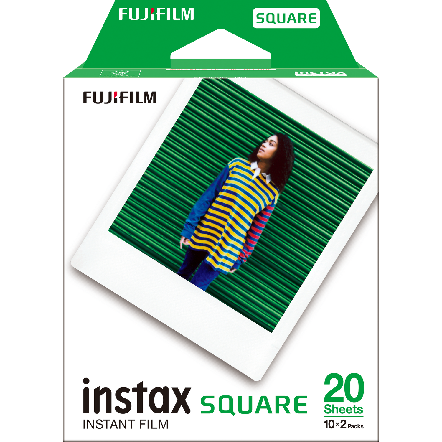 Instax Square film box. Woman in a colorful shirt on a photo. Green and white box. White background.