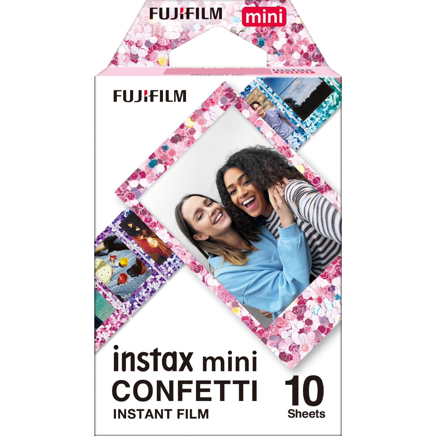Fujifilm Instax Mini Confetti instant film package. Two women in a photo.