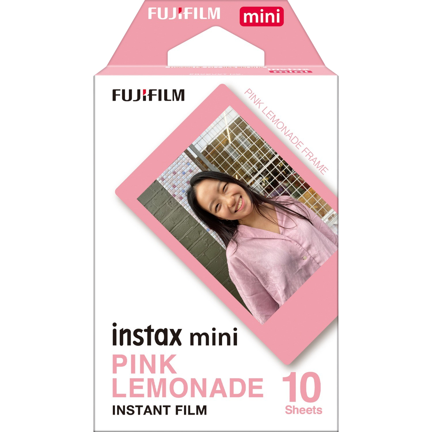 Doosje Fujifilm instax mini film, roze limonade frame met foto van een lachende vrouw.