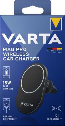 Varta Mag Pro vezeték nélküli autós töltő doboza, fekete töltő és fehér háttér.