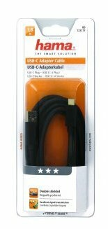 Kabel adaptera USB-C Hama w plastikowym opakowaniu. Widoczny czarny kabel.