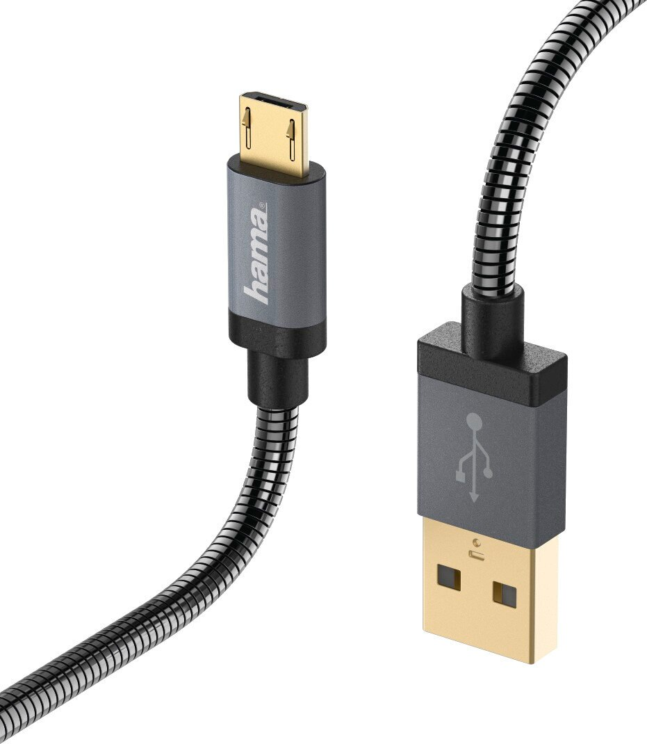 Kabel Hama USB do Micro USB. Szary kabel ze srebrnymi detalami i złotymi złączami.