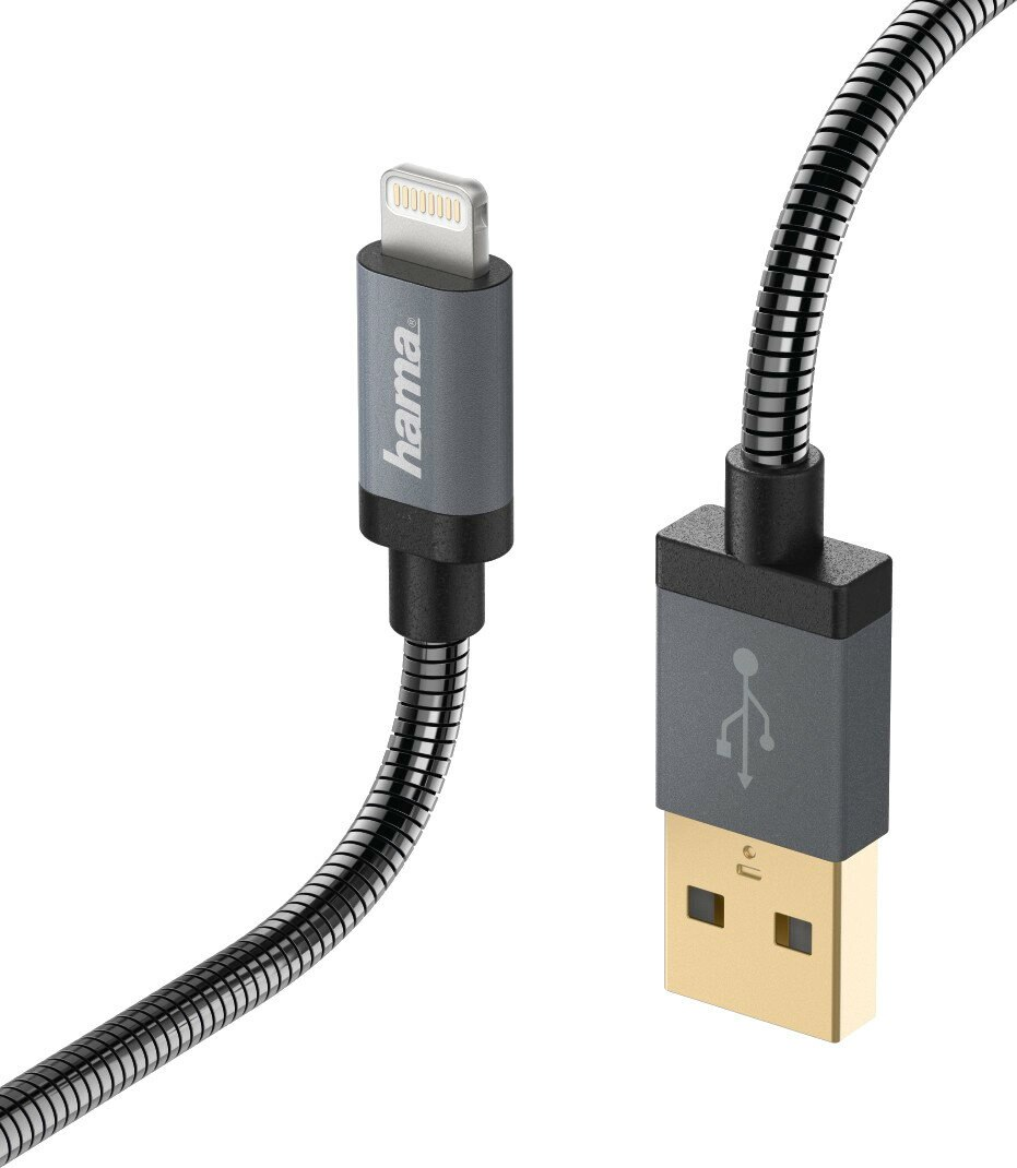 Szary kabel USB do Lightning z metalowym, plecionym wzorem.