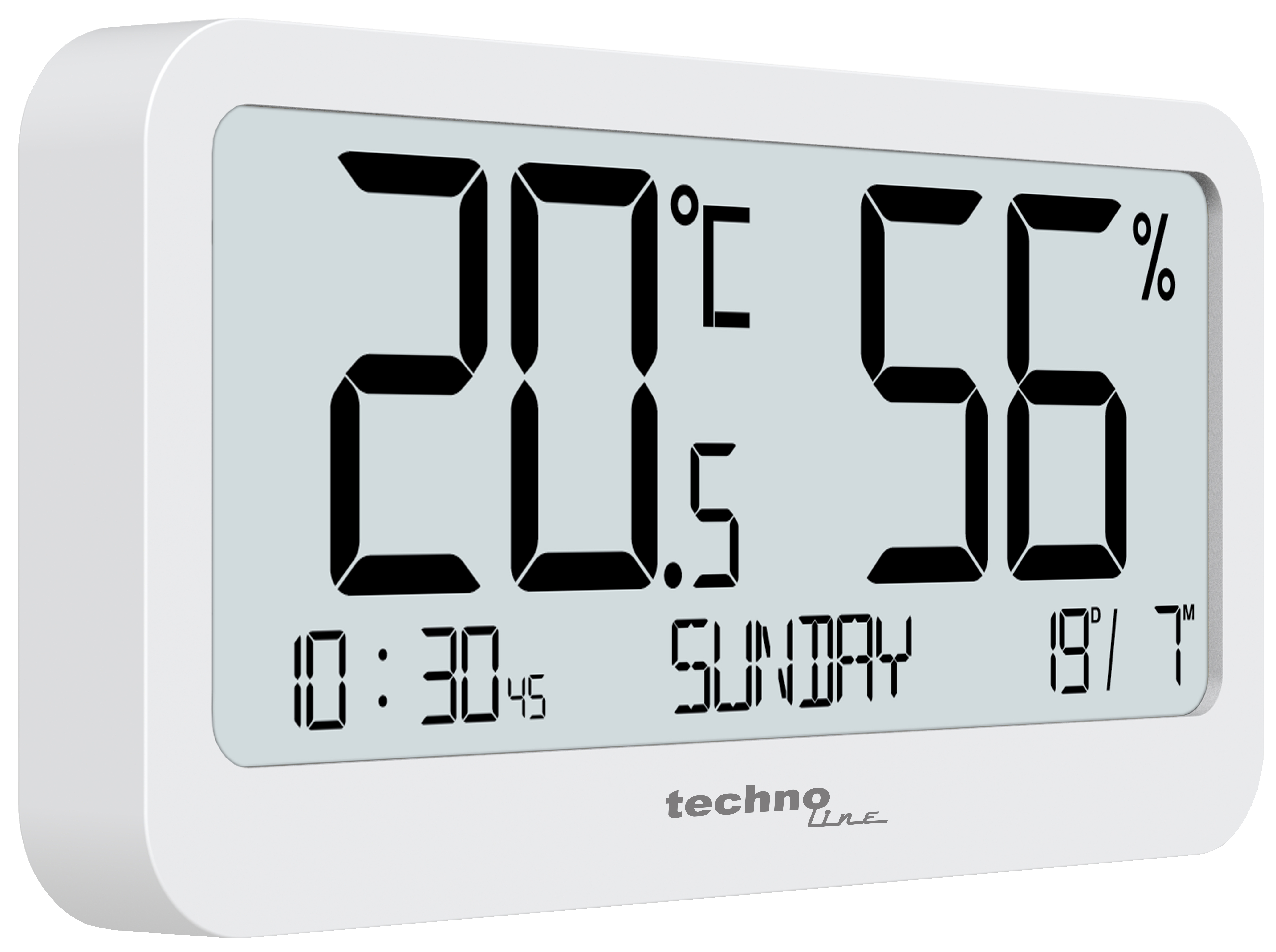 Weißes digitales Thermometer mit 20,5°C und 56%. Zeit und Tag werden ebenfalls angezeigt.