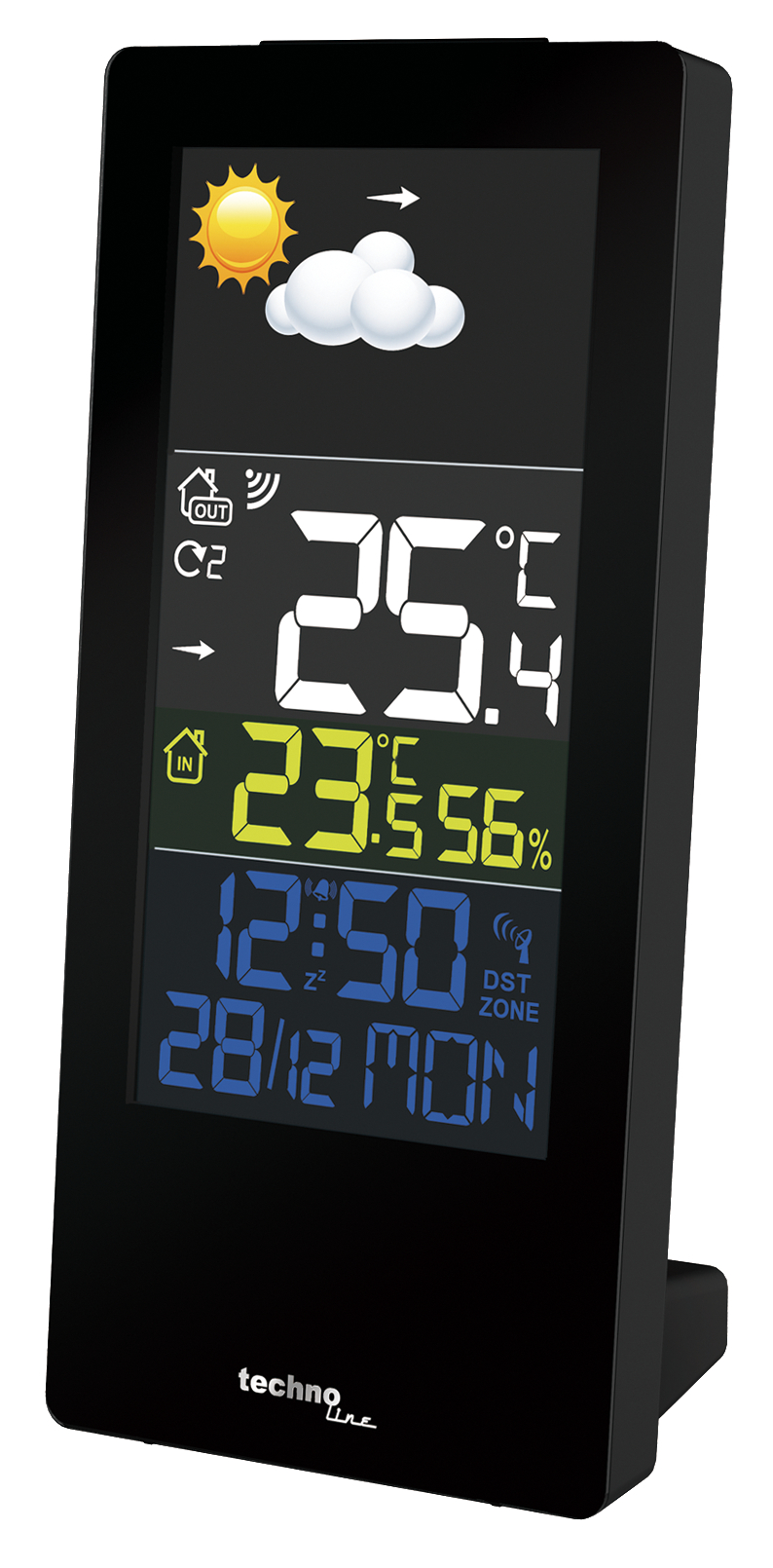 Schwarze digitale Wetterstation mit Temperatur, Luftfeuchtigkeit, Uhrzeit und Wettersymbolen.