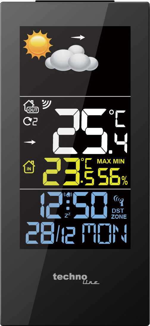 Schwarze Wetterstation mit Digitalanzeige, die Wettersymbole und Daten anzeigt.